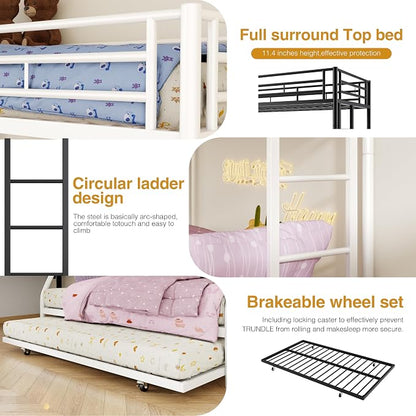 Nuturelly Metal Bunk Bed Twin Over Full with Trundle, Heavy Duty Steel Frame Bunk Bed Frame with Safety Guardrails & Ladder, Space Saving 3 Beds for Kids, Teens, Dorm, White