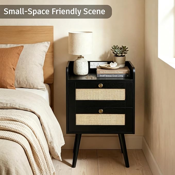 Nightstand with Charging Station, 2 Drawers, Boho Style Rattan Decor Bedside Table, Solid Wood Legs, Open Storage End Table for Bedroom, Small Spaces and Dorm, Black