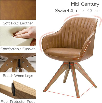 Art Leon Mid Century Modern Swivel Accent Chair with Arms, Beech Wood Legs Leather Upholstered Computer Desk Chair for Small Spaces Home Office Living Room Bedroom, Terracotta