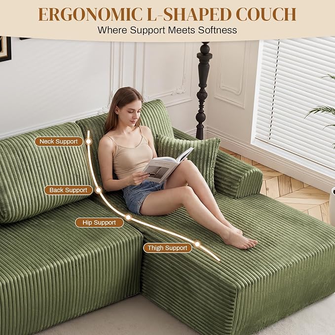 110" L Shaped Boneless Sectional Couches for Living Room, Comfy Corduroy Floor Cloud Sofa with Chaise, Wide Armrest, Deep Seat, Memory Foam, Assembly Free, Ideal for Small Spaces, Green