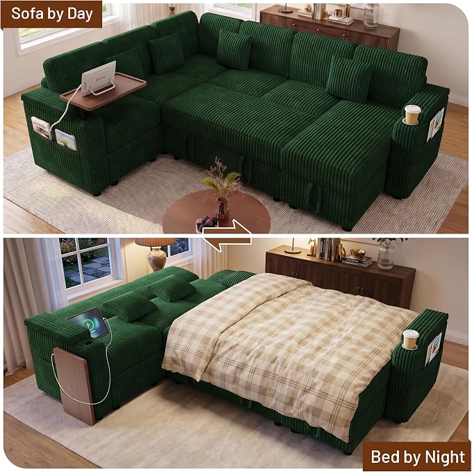 L-Shaped Sectional Sleeper Sofa with Pull Out Bed, Green | Plush Corduroy, Reclining Backrest, Storage Chaise, Usb Ports, Cup Holders & Table – Modular Cloud Couch for Living Room
