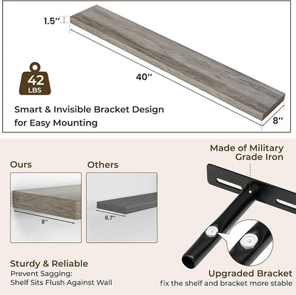 RICHFOCUS 40Inch Floating Shelves for Wall 1 Pack Shelves for Bedroom|Kitchen|Bathroom|Laundry Room Rustic Wood Wall Mounted Shelf with Invisible Brackets for Books|Storage|Decor, Grey