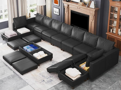 EASE MOOSE Faux Leather Modular Couch Sectional Sofa with Storage Ottomans, Oversized U Shaped Couch, Black