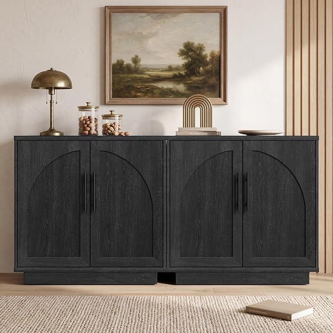 Fatmok Arched Sideboard Buffet Accent Cabinet, 31.5" Credenza with Adjustable Shelf, 1-Piece Modular Coffee Station Storage for Kitchen Living Room Bedroom, Black Grey