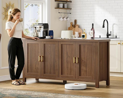 usikey Buffet Cabinet with Storage, 55" Fluted Sideboard Cabinet with 4 Adjustable Shelves, Modern Coffee Bar with 4 Doors, Coffee Bar Cabinet for Kitchen, Walnut