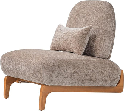 Merax Linen Accent Chair with Curved Wood Base and Lumbar Pillow, Espresso + Natural