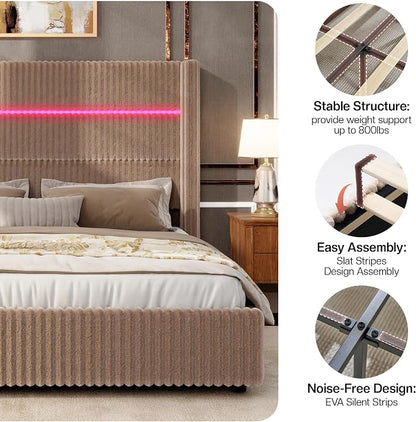 Jocisland Queen Size Corduroy Upholstered Bed Frame with 4 Storage Drawers & 51.2" Tall Wingback Headboard, LED Platform Bed with Charging Station, Easy Assembly, No Box Spring Needed, Dark Khaki