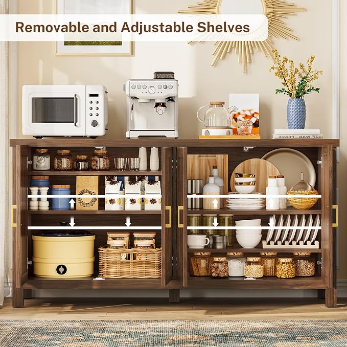 Buffet Cabinet with Storage, 55" Fluted Sideboard Cabinet with 4 Adjustable Shelves, Modern Coffee Bar with 4 Doors, Coffee Bar Cabinet for Kitchen, Living Room, Walnut