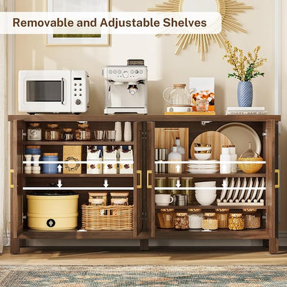 Buffet Cabinet with Storage, 55" Fluted Sideboard Cabinet with 4 Adjustable Shelves, Modern Coffee Bar with 4 Doors, Coffee Bar Cabinet for Kitchen, Living Room, Walnut