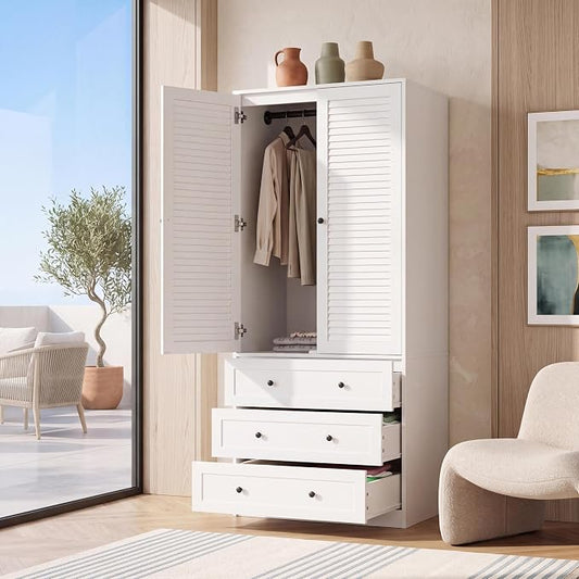 Garvee 70" Wardrobe Armoire Wooden Closet with 2 Doors and 3 Drawers, Bedroom Armoire with Hanging Rod Shelf, Large Capacity Storage Wardrobe Armoire, Freestanding Wooden Closet Storage Cabinet
