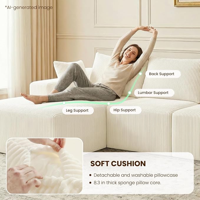 kinmars 108" Boneless Sectional Couch,Corduroy Cloud Couch Sectional for Living Room,Modern L Shaped Modular Sectional Couch,3 Seater Sofa (Beige, 108.9" L Shaped with Left Facing Chaise)