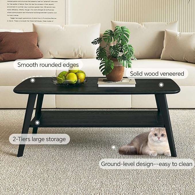 Coffee Table Small Solid Wood Center Table Mid Century Vintage Living Room Coffee Table, (Black 47.24 Inch)