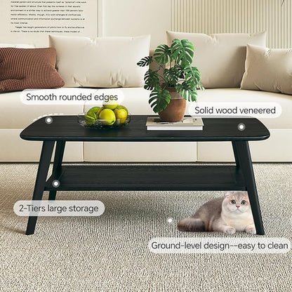 Coffee Table Small Solid Wood Center Table Mid Century Vintage Living Room Coffee Table, (Black 47.24 Inch)