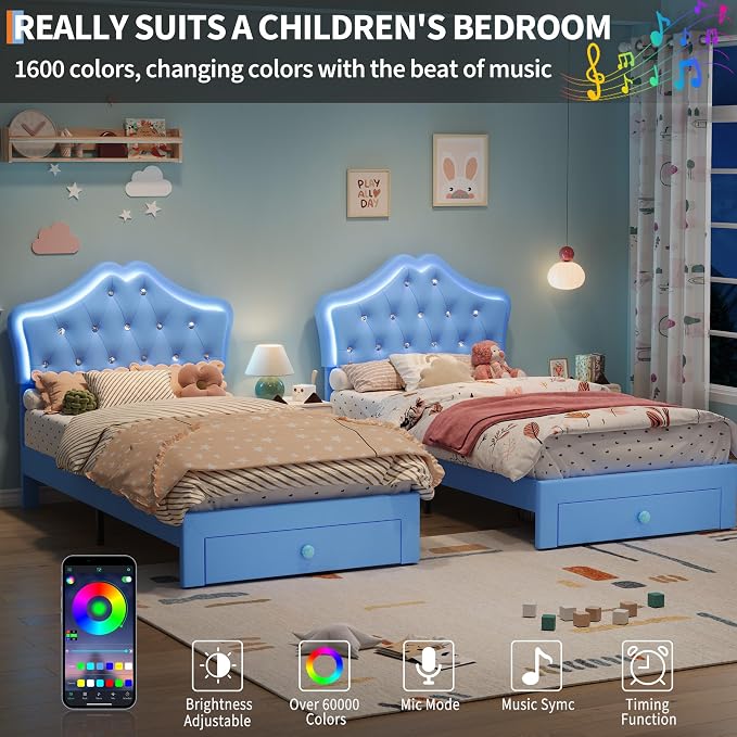 Twin Size Bed Frame for Girls with Storage Drawers & LED Lights, Upholstered Platform Bed, Velvet Crystal Button Princess Bed, Noise-Free Slats, No Box Spring Needed for Kids, Teens, Blue