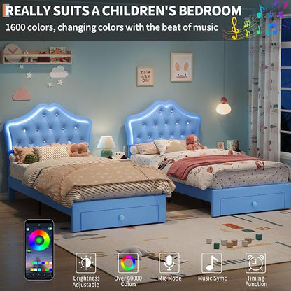 Twin Size Bed Frame for Girls with Storage Drawers & LED Lights, Upholstered Platform Bed, Velvet Crystal Button Princess Bed, Noise-Free Slats, No Box Spring Needed for Kids, Teens, Blue