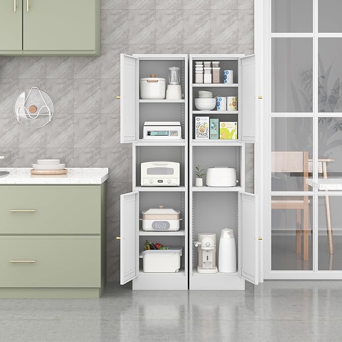 69" Tall Metal Pantry Cabinet with Microwave Stand,Microwave Storage Cabinet with 2 Doors & 3 Adjustable Shelves for Kitchen (2doors-White, 11.81" D x 15.75" W x 66.93" H)
