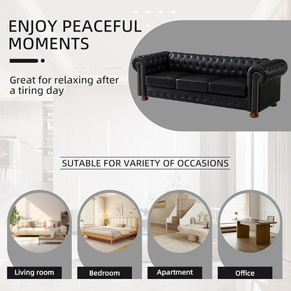 Chesterfield Leather Sofa, 89" Mid Century Modern Couch with Low Back, Roll Arm Nailhead Trim Classic 3 Seater Couch for Living Room, Office, Apartment, PU Black