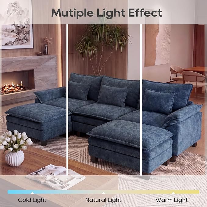 URRED Oversized Modular Sectional Sofa, 122" U Shaped Modern Comfy Cloud Couch with Movable Ottoman & Pillows, Deep Seat Couches for Living Room, Bedroom or Apartment (Chenille Blue, 122" U Shaped)