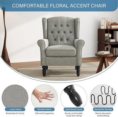 High Back Accent Chair, Fabric Wingback Chair Upholstered Armchair for Living Room, Retro Comfy Single Sofa Bedroom Reading Seat with Solid Wood Legs - Gray