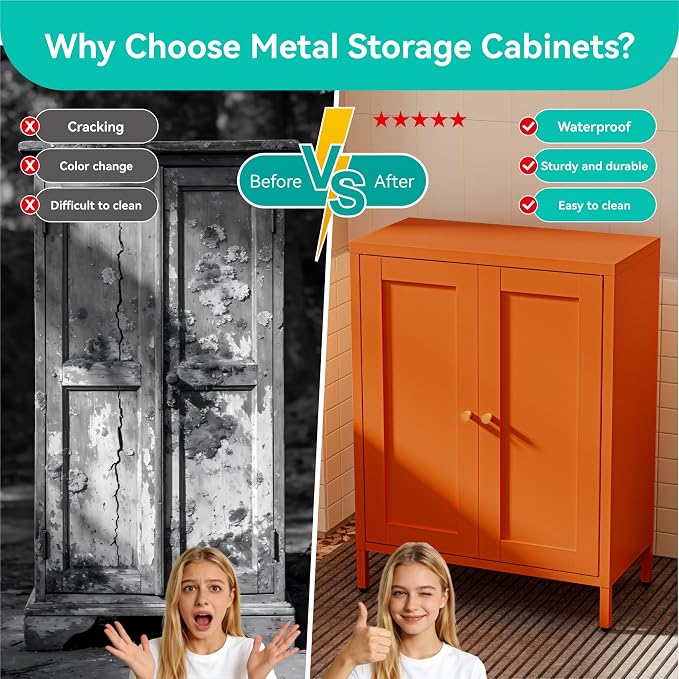 Metal Floor Storage Cabinet, Small Freestanding Sideboard Storage with 2 Adjustable Shelves for Bathroom Entryway Living Room Dining Room Coffee bar,11.8"D x 23.6"W x 31.5"H,3-Tier,Orange