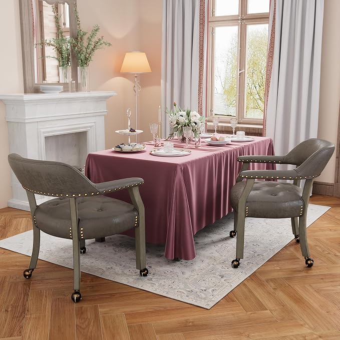 LEEMTORIG Set of 2 Dining Chairs with Casters and Arms, Rolling Dining Chairs with Wheels for Elderly, Ergonomic Wide Seat Wooden Office Desk Chairs, 26"D x 25.2"W, Grey Legs & Dark Brown SY-1318-DK