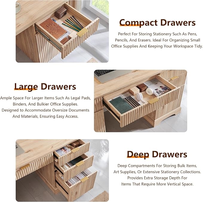 58" Modern Wood Executive Desk with 5 Drawers & 1 Cabinet, Built‑in Outlet | Wood Home Office Desk with 5 Drawers & 1 Cabinet, Fluted Computer Writing Desk for Study, Living Room, Bedroom, Oak