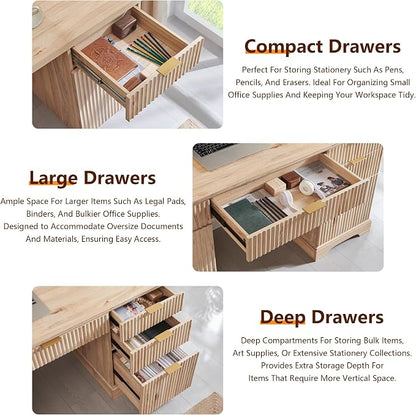 58" Modern Wood Executive Desk with 5 Drawers & 1 Cabinet, Built‑in Outlet | Wood Home Office Desk with 5 Drawers & 1 Cabinet, Fluted Computer Writing Desk for Study, Living Room, Bedroom, Oak