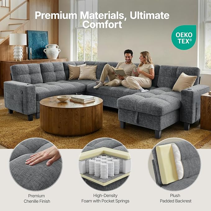 AMADA HOMEFURNISHING 110″ Modular Sectional Sleeper Sofa with Pull Out Couch, U Shaped 7 Seat Sectional Sofa with Storage, USB Ports & Cup Holders, Chenille Cloud Couches for Living Room, Light Gray