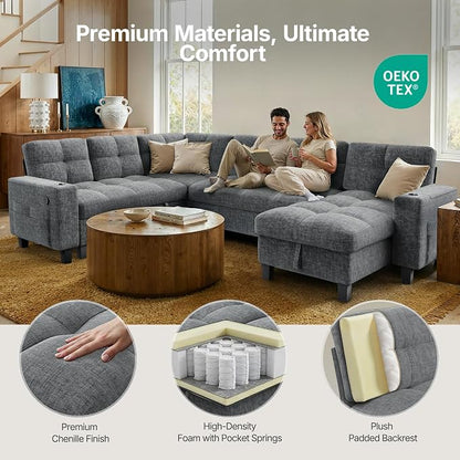 AMADA HOMEFURNISHING 110″ Modular Sectional Sleeper Sofa with Pull Out Couch, U Shaped 7 Seat Sectional Sofa with Storage, USB Ports & Cup Holders, Chenille Cloud Couches for Living Room, Light Gray