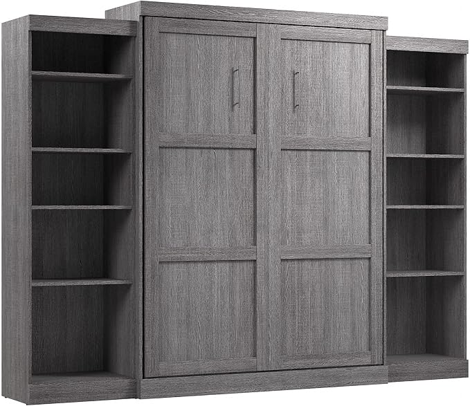 Bestar Pur Queen Murphy Bed and 2 Shelving Units, 115-inch Space-Saving Sleeping Arrangement with Storage in Bark Grey