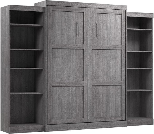 Bestar Pur Queen Murphy Bed and 2 Shelving Units, 115-inch Space-Saving Sleeping Arrangement with Storage in Bark Grey