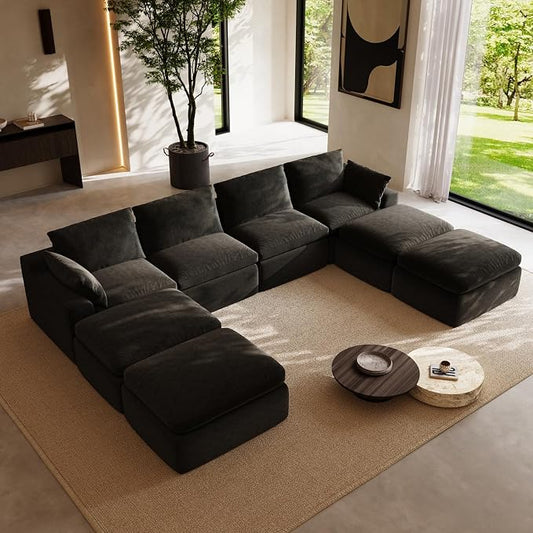 Novilla 133.8" Modular Cloud Couch, Modern Sectional Sofa with Smarts Coil® Support, Chenille Fabric, Upholstered Couch for Living Room Apartments Bedroom, No Assembly, 4 Seater + 4 Ottoman, Dark Grey