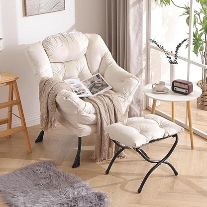 Welnow Lazy Chair with Ottoman, Modern Accent Chair with Armrests and a Side Pocket, Leisure Sofa Armchair, Reading Armchair with Footrest for Small Space, Beige