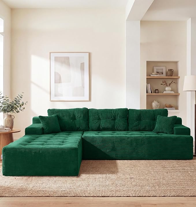 Hobestluk Modular Sectional Sofa Couches L-Shape Couch 3 Seat Modular Sofa Memory Foam Sectional Couches for Living Room, Cloud Couch with Oversized Chaise (Emerald Corduroy, 108", Left Hand Facing)