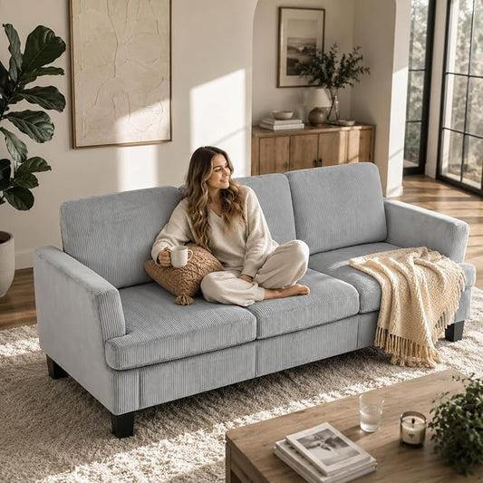 Modern 3 Seater Sofa for Living Room with Soft Deep Seats, Sofa 3 Seater in Linen, Upholstered Apartment Sofa with Armrests, Comfy Cozy Sofas for Bedroom (Corduroy, Light Grey)