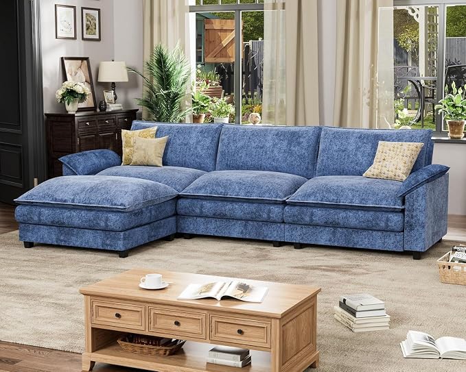 Homall 119" Modular Sectional Sofa, L Shaped Sofa Couch with Reversible Ottoman, DIY Combination Chenille Deep 3-Seat Cloud Couch for Living Room, Apartment (Dark Blue, L Shaped Sofa)