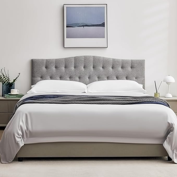 Tufted Upholstered Dorm Headboard Queen, Adjustable 38-50 in, Gray | Queen Size Upholstered Headboard for Dorm Rooms; Linen Fabric, Adjustable Height, Modern Diamond Design