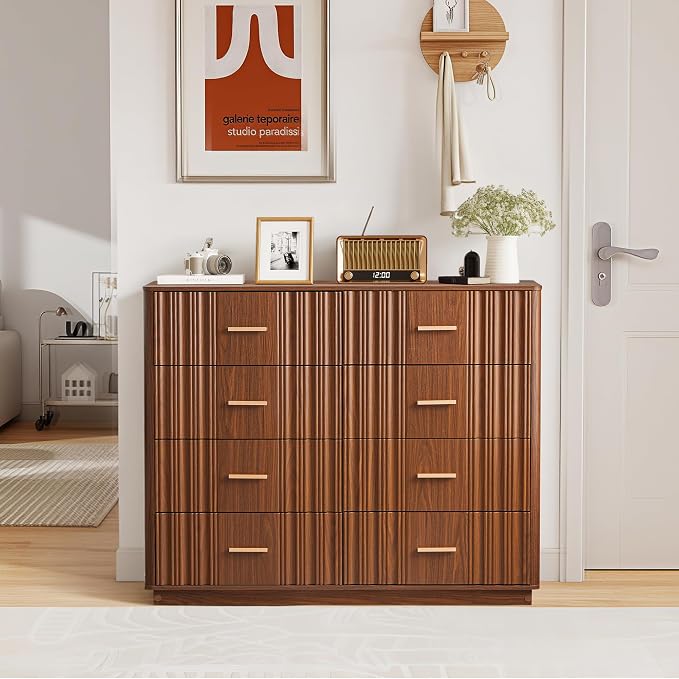 Fluted Dresser for Bedroom with 8 Drawers, 47" Wide Mid Century Modern Chest of Drawers, Wooden Dresser TV Stand, Wood Closet Clothes Storage Organizer for Living Room Hallway, Walnut