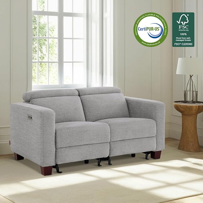 MCombo 62.2'' Reclining Loveseat, Wall Hugger Power Loveseat Recliner Sofa with Adjustable Headrest, USB A & C Charge Ports, Wood Legs, for Living Room (Fabric, HL198M1) (Grey)