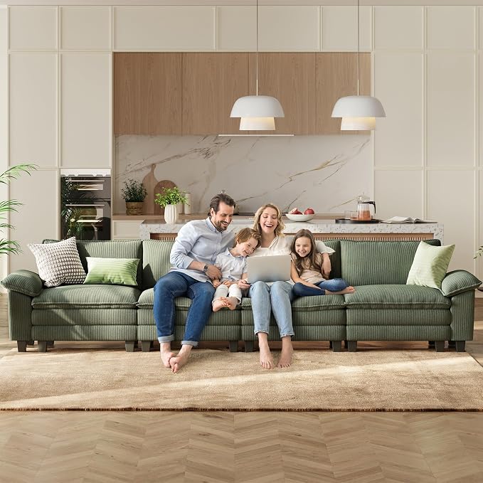 LINSY HOME 157'' Modular Sectional Sofa 4 Seat Couch Corduroy Cloud Couch with Deep Seat, Modern Cloud Couch for Living Room, Office, Bedroom, Green