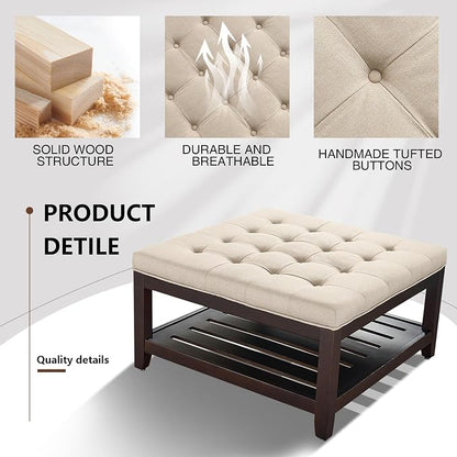 adochr 33'' Large Square Ottoman Coffee Table with Storage, Upholstered Button Tufted Footrest Ottoman with Solid Wooden Tray,Coffee Table for Living Room, Light Brown