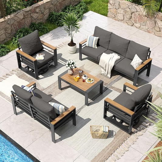 Aoxun Aluminum Patio Furniture Set 7 Seats with Rocking Chair, Oversized Outdoor Sectional with Washable Thick Cushions, Coffee Table, Patio Conversation Sets for Porch, Balcony, Deck,Dark Gray