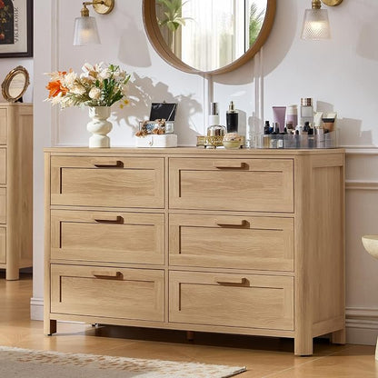 Joaxswe Farmhouse 6 Drawer Dresser for Bedroom, Horizontal Dressers with 6 Deep Drawers & 4 Thickened Table Legs, Natural