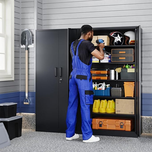 Yizosh Metal Storage Cabinet with Lock - 72" Garage Storage Cabinet with 2 Locking Doors and 5 Adjustable Shelves, Black Steel Lockable for Office,Home,Garage