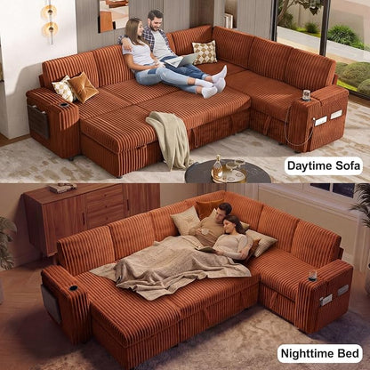 Vipbear 111" Modular Sectional Sleeper Sofa with Pull Out Bed, 7 Seat Corduroy L Shaped Couch with Ottoman|USB Ports|Cup Holders|Side Table|Storage Armrest, Tool Free Assembly, Orange