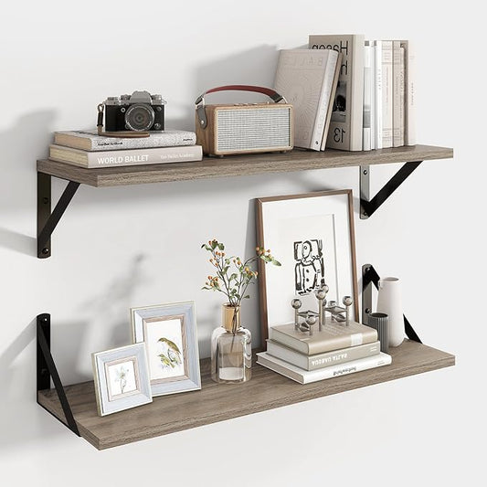 Axeman 24 Inch Floating Shelves | 8 Inch Deep Grey Wall Shelves Set of 2 | 24''W x 8''D Rustic Grey Wood Shelves for Bathroom Kitchen Living Room Bookshelf Home Office