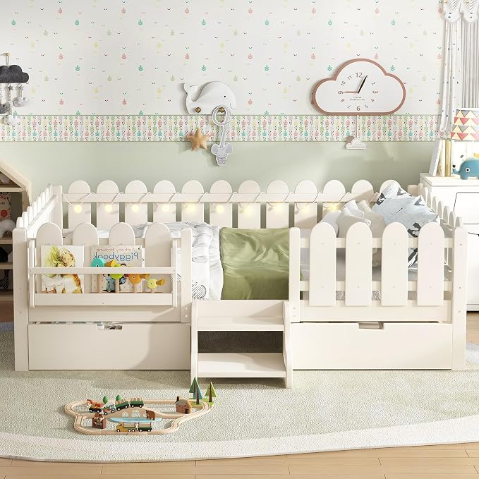 Bellemave Queen Size Montessori Bed with Stairs, Lights, Rails and Slats, Queen Size Montessori Floor Bed with Bookshelf and 2 Storage Drawers, Easy Assemble Beds Frame for Girls, Boys, Beige