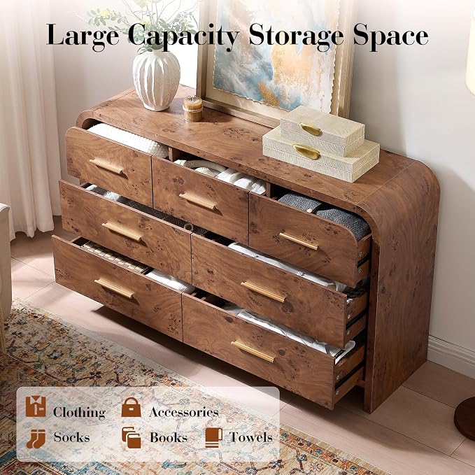 Curved 7 Drawer Dresser for Bedroom, 53.82'' Wide Chest of Drawers, Modern Storage Cabinet for Hallway & Living Room TV Stand, FSC Certified 1.18" Thick Board, 100 lbs Top Weight, Dark Burl