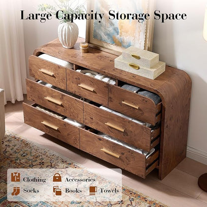Curved 7 Drawer Dresser for Bedroom, 53.82'' Wide Chest of Drawers, Modern Storage Cabinet for Hallway & Living Room TV Stand, FSC Certified 1.18" Thick Board, 100 lbs Top Weight, Dark Burl