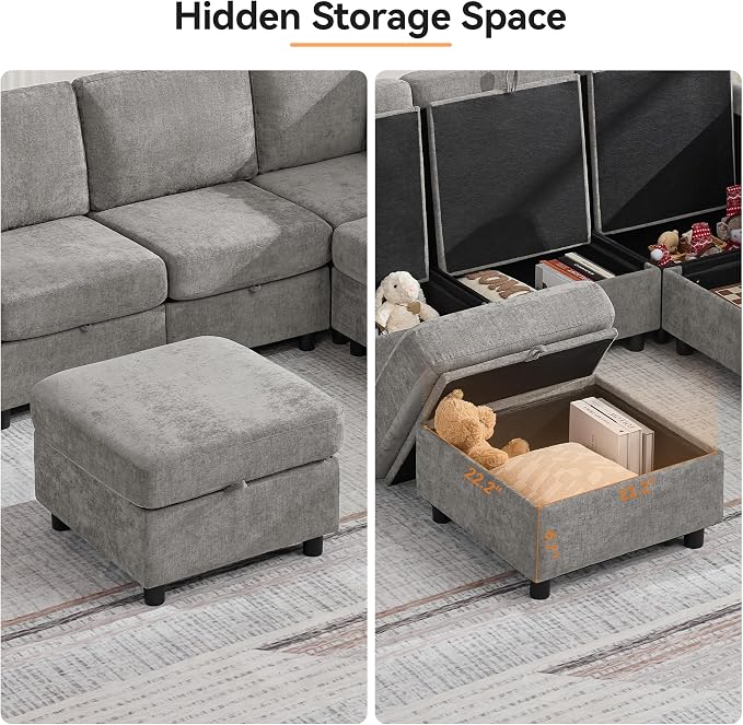 104'' U Shaped Modular Sofa, Sectional Couches with Storage for Living Room, Oversized 8 Seater Cloud Sectional Couch, Chenille Grey